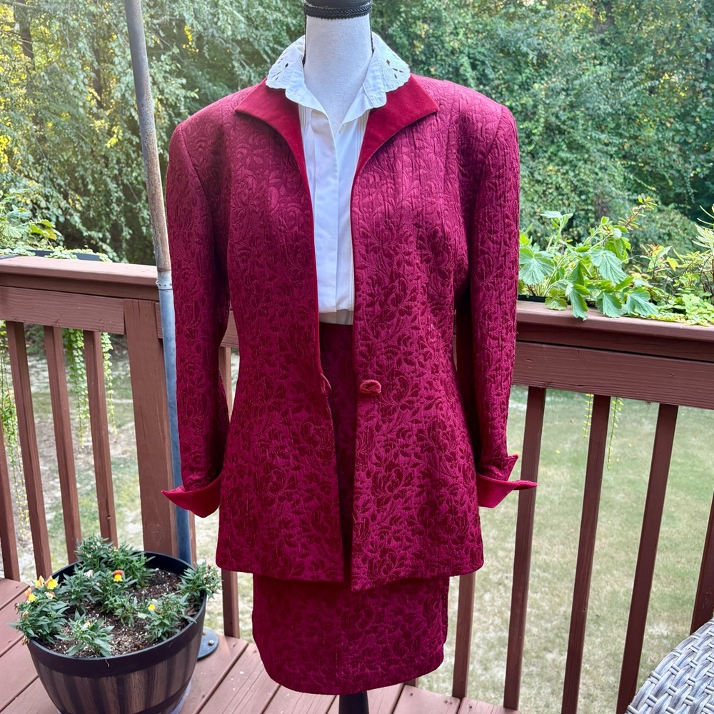 Vintage Christian Dior Burgundy
Velvet Trim Wool Skirt Suit - 80s 90s
Size 14